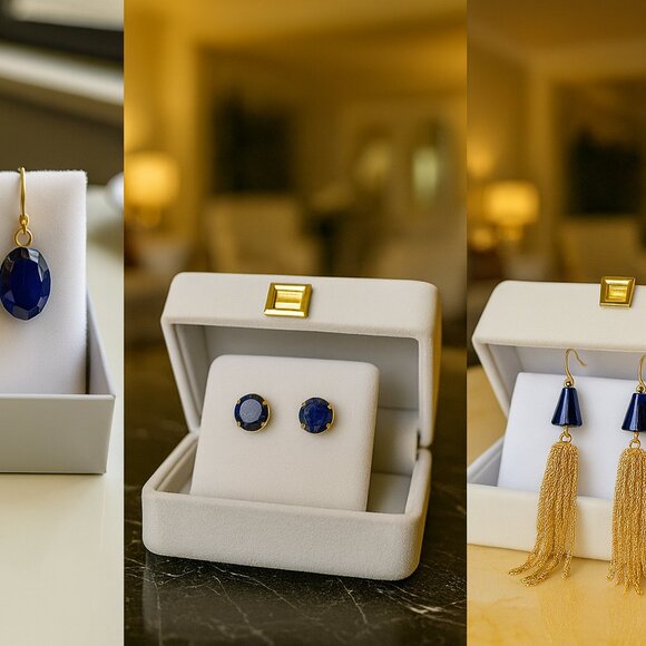 Massini Bold Blue Elegance – Trio of Gold & Gemstone Earrings - Picture 1 of 7